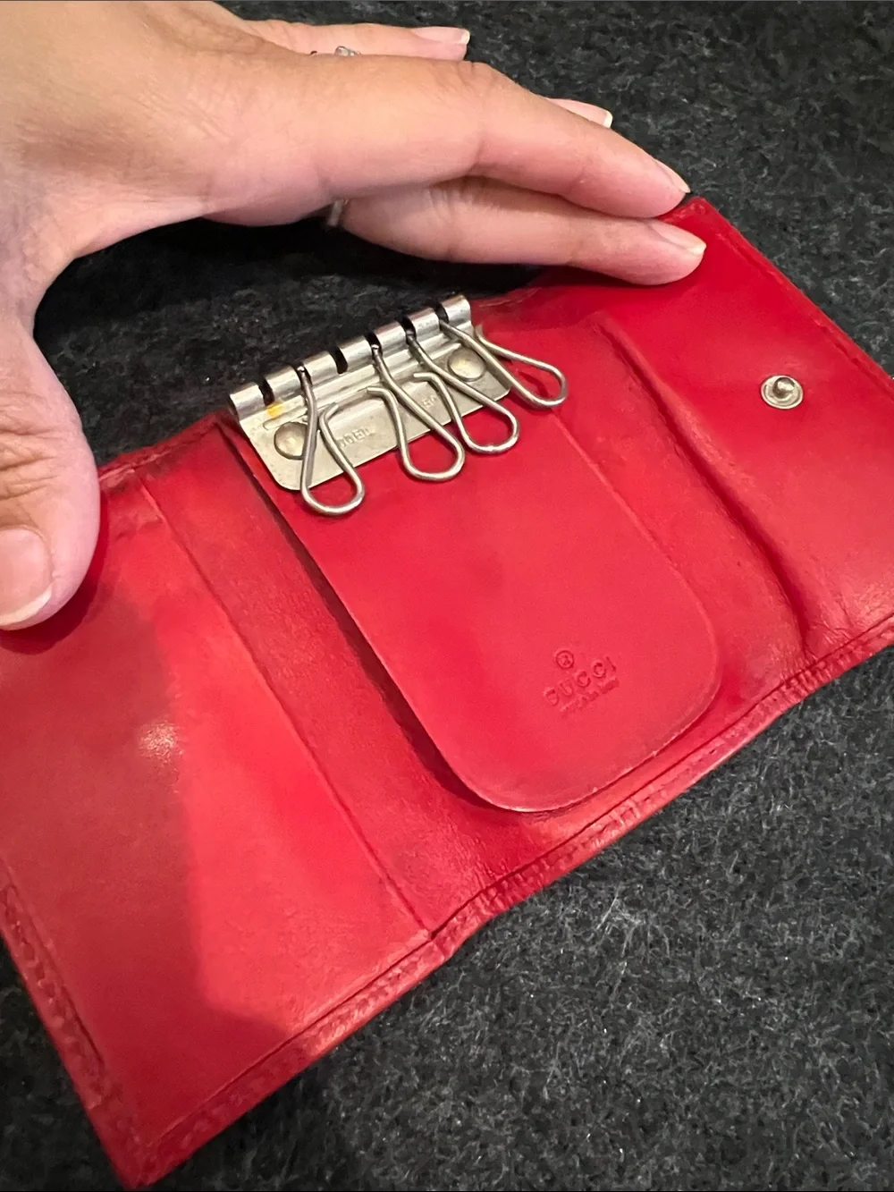Gucci Beige Monogram Canvas Key Case with Red Trim Authentic
